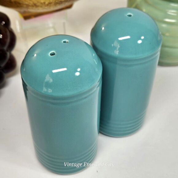 Vtg Neo Art Deco Japan Beehive Salt & Pepper Shakers Teal Blue Color Connection - Picture 6 of 12